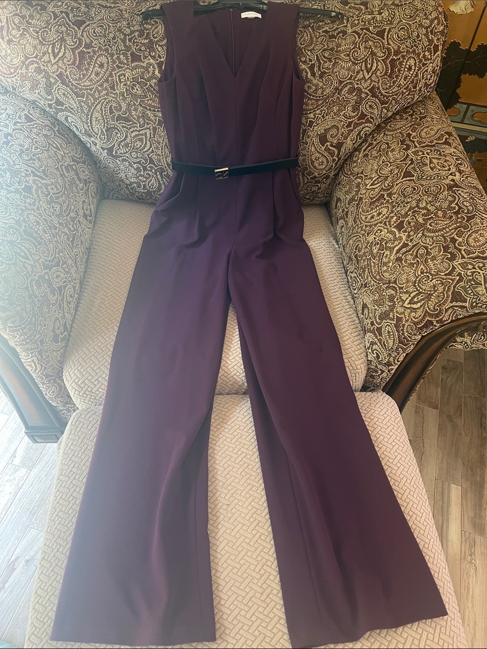 Worn 1x Calvin Klein Sleeveless Deep Purple Wide-Leg Jumpsuit with Black Belt